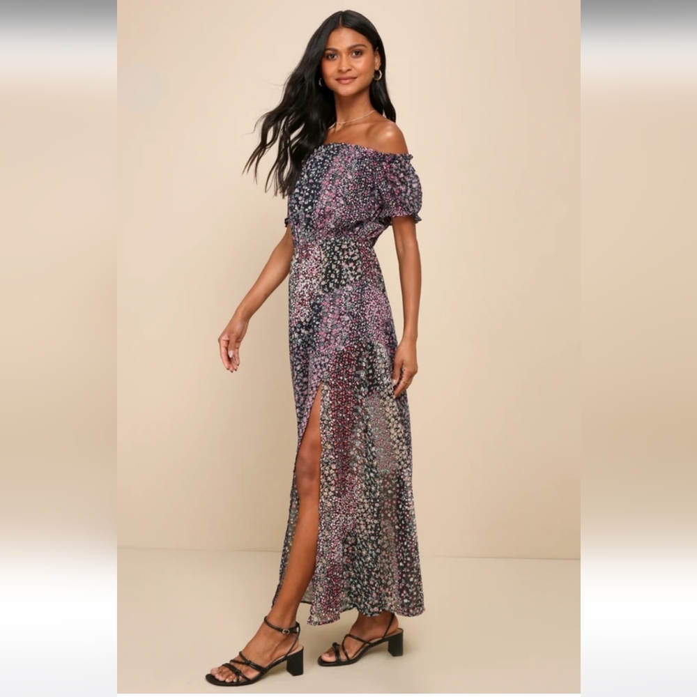 Lulus Neva Navy Blue Floral Print Off-the-Shoulder Maxi Dress Mini-Lined MED NWT - Picture 4 of 11